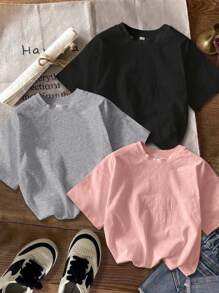 SHEIN EZwear Áo thun ngắn tay cổ tròn in hình ngôi sao năm cánh và chữ cái tiếng Anh tối giản, thích hợp cho mùa hè - Nhiều màu - Xem 2