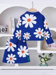 SHEIN 2 pièces/Set Jeune fille Veste bleue à imprimé floral et jupe blanche à fleur bleue, en velours côtelé, chaud et confortable, convient pour l'automne et l'hiver, de mode - Multicolore - Voir 2