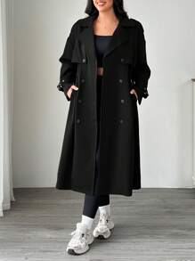 SHEIN EZwear Plus Size Solid Color Double-Breasted Casual Trench Coat, Autumn