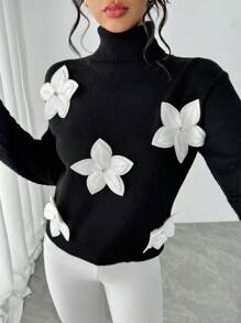 Chiquease 高领休闲撞色花卉拼接加厚套头毛衣，复古风格，适合户外聚会和街头穿着，黑色，秋冬季针织套头衫 - 黑色 - 查看 6