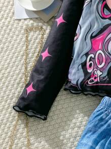 SHEIN Set da 2 pezzi di Maglietta con stampa a stelle e jeans a zampa per ragazze pre-adolescenti, stile di moda da strada