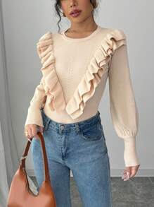 SHEIN Unity 1件女士纯色荷叶边圆领休闲套头毛衣，针织套头衫，秋冬季 - 杏色 - 查看 3