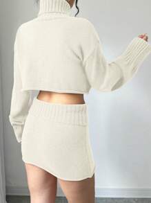 SHEIN Unity 2pcs/Set Solid Color Turtleneck Cropped Long Sleeve Top And Elastic Waist Skirt Sweater Set - Apricot - View 2