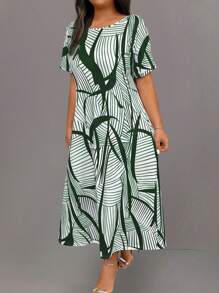 EMERY ROSE 大码女式休闲条纹圆领短袖长裙，夏季长款女装