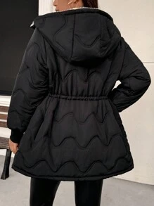 SHEIN Frenchy Plus Size Women Wavy Pattern Cinched Waist Adjustable Hood Padded Padded Coat For Autumn/Winter - Black - View 2