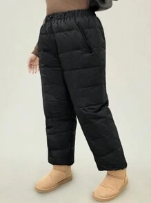 Flirla Pantalones casuales gruesos de unicolor con bolsillo, versátiles y a prueba de viento para el invierno, talla grande