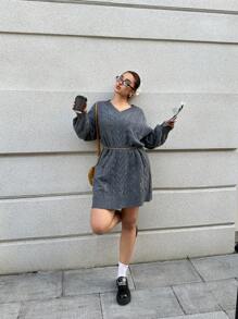 Calvaya Plus Size Women Solid Color V-Neck Lantern Sleeve Loose Casual Sweater Dress - Grey - View 7