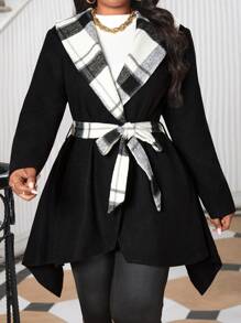 SHEIN Lady 秋冬休闲优雅黑色编织瀑布喇叭腰带中长袖休闲优雅职业装 - 黑色 - 查看 5