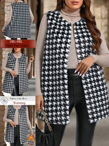 EMERY ROSE Plus Size Women Sleeveless Houndstooth Fluffy Open Front Jacket, Winter Women Clothes - Black and White - View 1