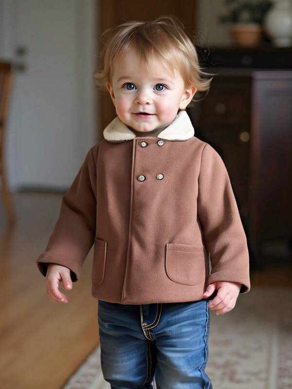 SHEIN Unisex Baby Jungen & Mädchen eleganter vintage Plüsch Patchwork Kragen Doppelreiher Taschen Wolljacke mit A-Linien Mini Cape, geeignet für Babys zum Tragen im Herbst und Winter, eine warme und niedliche Außenkleidung