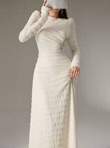 Modelyn 1 chiếc váy dài thanh lịch, tay dài, có khóa kéo phía sau, màu trơn, dành cho nữ, váy dài, váy dạ hội dài - Màu be - Xem 3