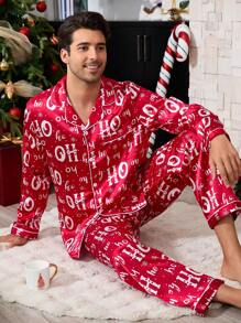 Manfinity CoupledUp Conjunto de pijama de camisa y pantalones de seda sintética con diseño de copos de nieve y ambiente navideño rojo a juego para parejas, ropa de otoño e invierno