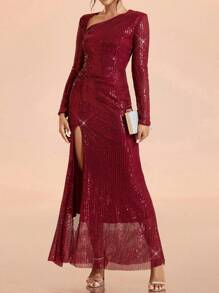 SHEIN Belle Damen asymmetrischer Ausschnitt Burgunderrot elegantes Mode Glitzer Pailletten Stoff rotes Party Cocktail Dinnerkleid Abendkleid (exquisite Verarbeitung) mit extra großem Maxirock, langärmliges halbtraditionelles Kleid, für Geburtstag, Hochzeitsgast, Abschlussball - Bordeaux - Übersicht 8