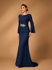 Serin Vestido de mujer elegante de gris y rosa con tela de gasa, cuello redondo, manga larga transparente, detalle de pliegues, apliques de lentejuelas, bajo con cola de pez, adecuado para que las madres asistan a ceremonias de boda, eventos, fiestas y ocasiones formales como madre de la novia