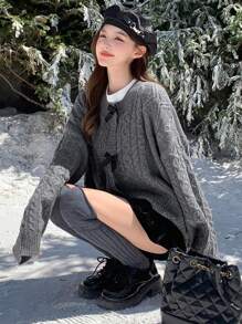 DAZY Women Casual Bowknot Decor Drop Shoulder Loose Cardigan, Autumn/Winter,Long Sleeve Tops,Fall Women Clothes