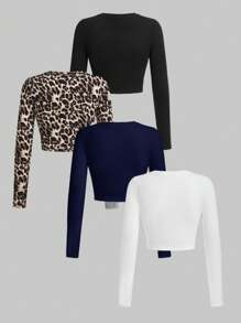 SHEIN Essnce 4pcs Set Of Leopard Print Long Sleeve T-Shirts For Women