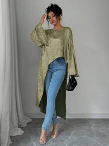 Selianne Áo sơ mi bóng dáng rộng rãi, không đối xứng tay 3/4, thích hợp cho mùa xuân và mùa thu - xanh quân đội - Xem 3