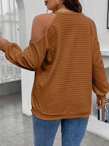SHEIN Unity Plus Size Women Solid Color Cold Shoulder Long Sleeve Zipper Casual Sweatshirt, Autumn Pullover Fall - Brown - View 2