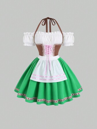 Sweetra Ladies' Halterneck Striped Halter Dress With Ruffle Bubble Sleeves, Oktoberfest Maid Costume, Dirndl