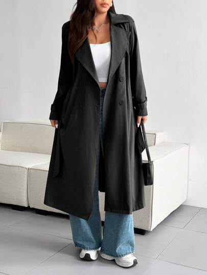 Sunspun Plus Size Casual Solid Color Loose Fit Trench Coat Fall Winter Cloth For Women Autumn