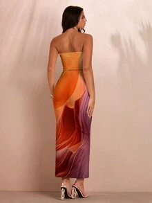 SHEIN BAE Bộ váy bó thanh lịch họa tiết nhuộm loang 2 chiếc dành cho nữ, thích hợp cho mùa hè - trái cam - Xem 2