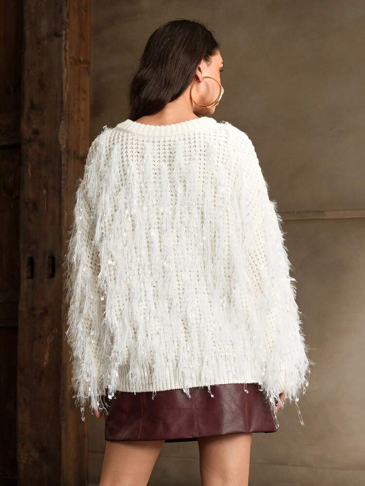 Women's Luxury Christmas Feather Tassel Shiny Casual Sweater, Autumn/Winter Knit Pullover Fall