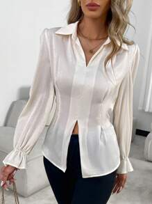 Chiquease 1pc Back Tie Solid Color Split Casual Elegant Long Sleeve Blouse