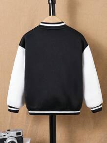 SHEIN Áo khoác cổ đứng họa tiết chữ màu đơn giản phong cách Hàn Quốc thoải mái cho bé trai, phù hợp mặc hàng ngày, đi học, đi chơi, thể thao, thu đông - màu đen - Xem 4