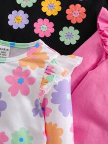 SHEIN 3pcs/Set Baby Girl Cute Versatile Knitted Floral Pattern Ruffle Long Sleeve Tops - Multicolor - View 7