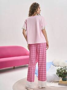 时尚可爱的狗狗格子印花女士睡衣套装 - 彩色 - 查看 2