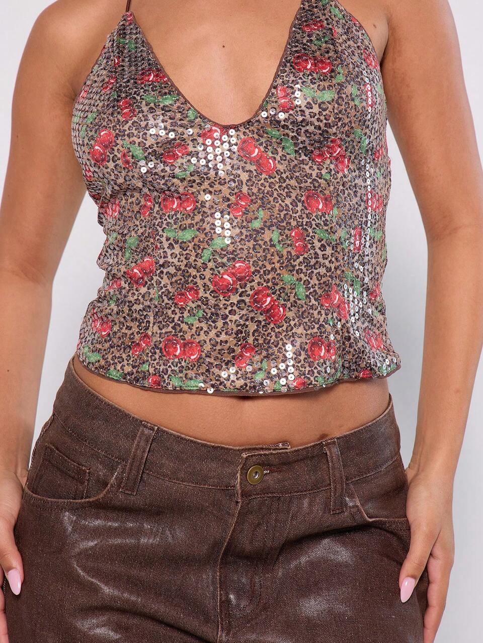 Cherry Leopard Sequin V Neck Cami Top Summer Ibiza Fall Autumn Party Festival Carnival Spring Elegant Holiday