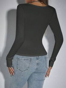 Zolique Women's Solid Color Round Ring Hollow Out Fitted Long Sleeve Top, Autumn