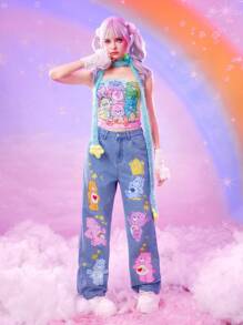 ROMWE X Care Bears 女士休闲可爱卡通熊印花宽松阔腿牛仔裤 - 中等水洗藍 - 查看 2