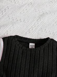 SHEIN Leap Crew 女婴针织拼色长袖上衣和松紧腰喇叭裤套装，秋冬 - 黑與白 - 查看 5