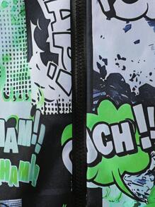 1 件年轻男孩休闲酷蓝绿动漫/漫画全图案数码印花保暖内衬连帽保暖夹克，适合日常和街头风格，秋冬季