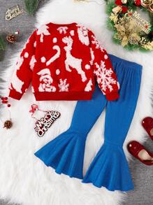 SHEIN 2pcs Young Girl Winter New Fluffy Crew Neck Sweatshirt & Flared Printed Jeans Effect Pants Christmas Holiday Casual Outfit Set