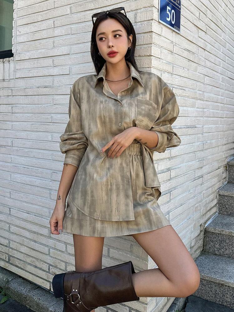 2pcs Women Set: Front Button Long Sleeve Shirt And Pocket Decorated Skirt,Short Women Sets,Fall Clothes