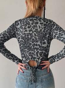 DAZY Women's Autumn Leopard Print Round Neck Fitted Long Sleeve Fashionable T-Shirt,Fall Women Clothes - Brown - View 3