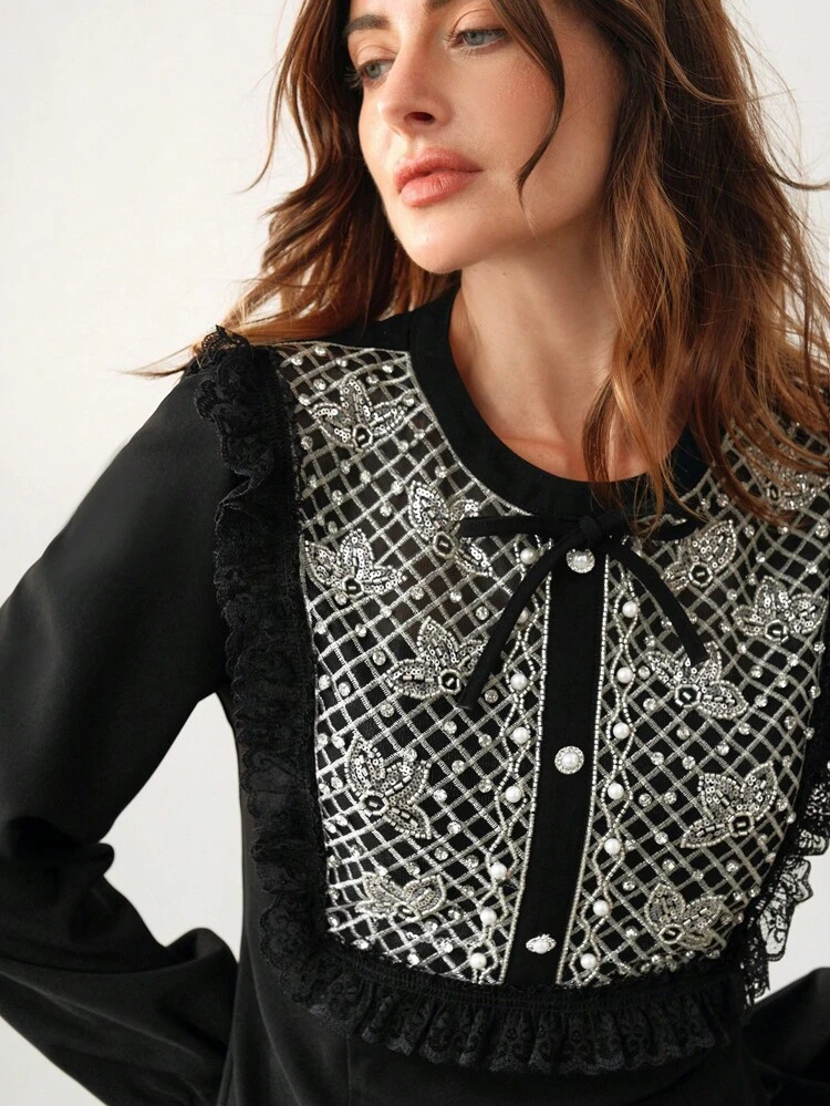 1pc Women's Crystal Decorated Bow Lace Ruffle Hem Long Sleeve Dress
