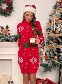 Chiquease Váy Giáng sinh cổ lọ dài tay in hình cây thông Noel và bông tuyết cho nữ - Đỏ - Xem 4