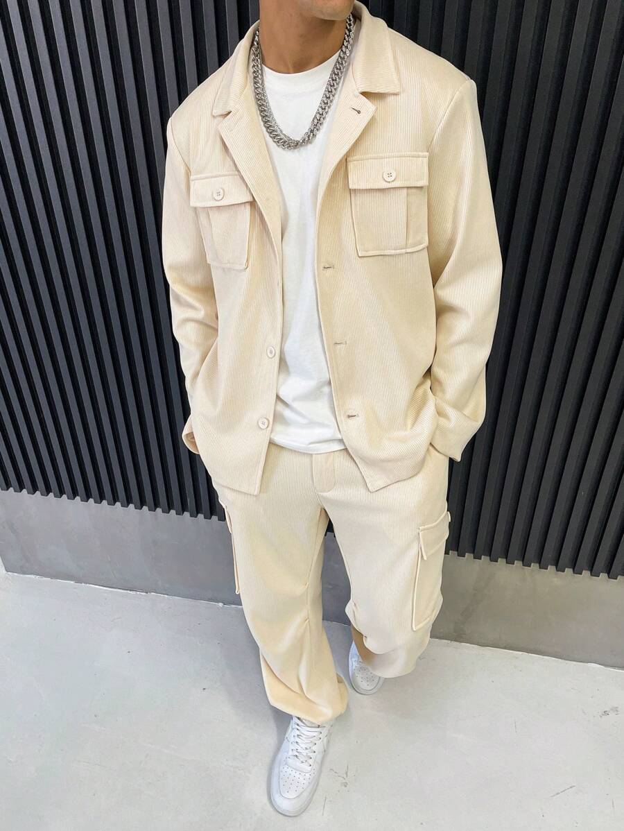 Manfinity Homme 2 件套男士纯色立领长袖单排扣工装夹克和裤子套装，秋季 - 米色 - 查看 1