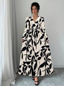 Breezaya Women V-Neck Lantern Sleeve Cinched Waist A-Line Long Dress, Autumn/Winter Maxi Women Outfit Fall Cloth For Women