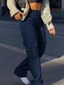 Women's Solid Color Cargo Pocket Straight Leg Loose Casual Pants - Navy Blue - View 5