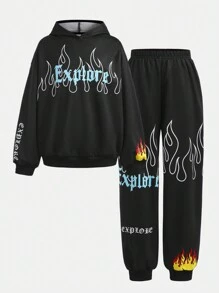 SHEIN 2pcs/Set Tween Girl Oversized Logo Print Hoodie And Sweatpants Outfit - Black - View 1