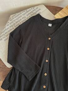 SHEIN Áo len cardigan dài tay màu trơn giản dị thường ngày cho bé gái tuổi mới lớn - màu đen - Xem 3