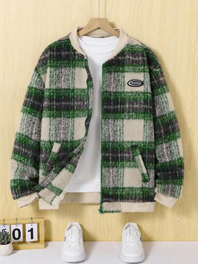 Teenage Boys' Vintage Green Plaid Long Sleeve Cardigan Jacket