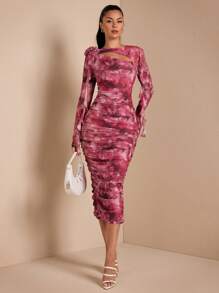 SHEIN BAE 1 件女式纯红色和大理石扎染不对称肩部镂空 3D 花卉装饰长袖紧身连衣裙，适合鸡尾酒会、浪漫约会、秋冬季打底裙、派对、婚礼伴娘迷你裙、夜间外出裙、万圣节裙、圣诞节裙 - 紅色 - 查看 1