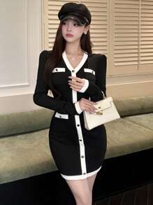 DAZY Women's Autumn Elegant Short Colorblock Button Front Bodycon Dress,Mini Dress