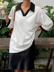 DAZY Women's Casual Loose Contrast Color Drop Shoulder Polo Neck T-Shirt, Summer Oversized T-Shirt
