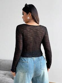 Flirla Plus Size Lace Front & Tie Long Sleeve T-Shirt Fall Cloth For Women